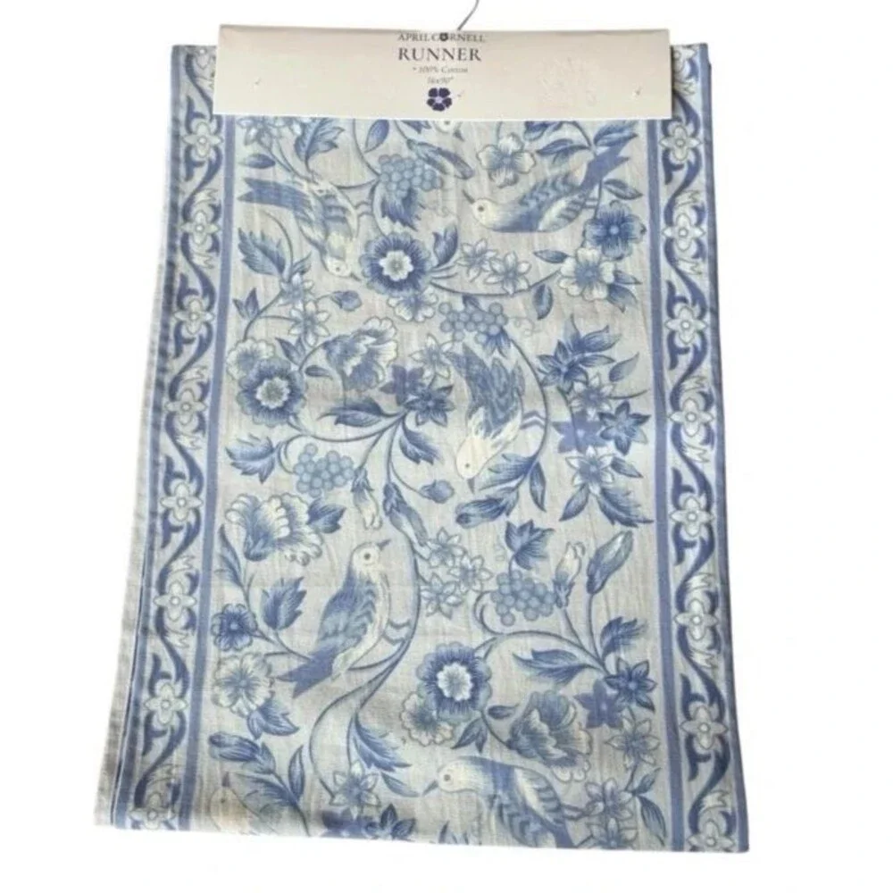 April Cornell Blue Table Runner 16x90 Floral Birds 100% Cotton French Country